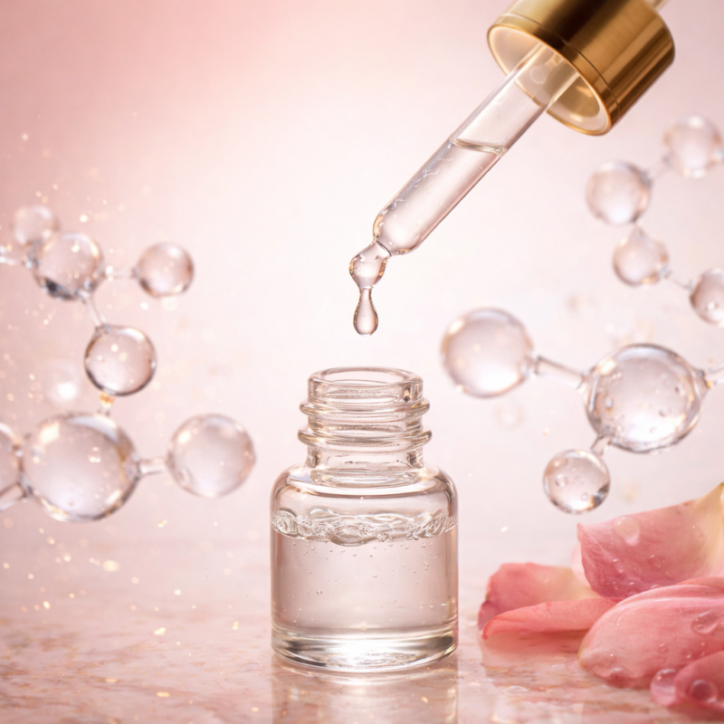 Sérum à l'acide hyaluronique avec pipette et bulles de gel translucides sur fond clair