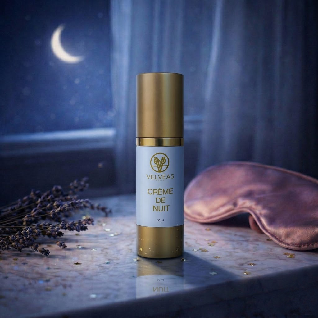 Pot de crème de nuit Velvéas Paris sur fond nocturne étoilé avec clair de lune - Soin visage nuit