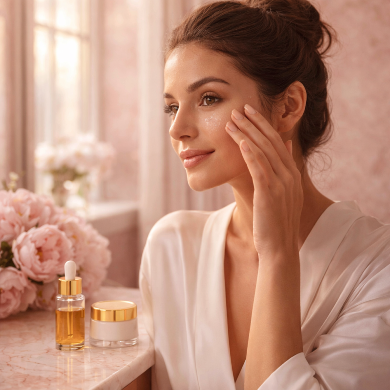 Jeune femme appliquant une crème anti-âge sur le visage dans sa salle de bain avec flacons de soins dorés