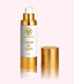 Crème de Jour Hydratante Velvéas Paris 50ml - Flacon pompe doré avec capuchon ouvert soin visage jour